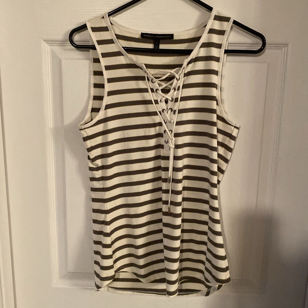 White House Black Market Blouse Women’s Size Small Striped Metallic V Neck Tied